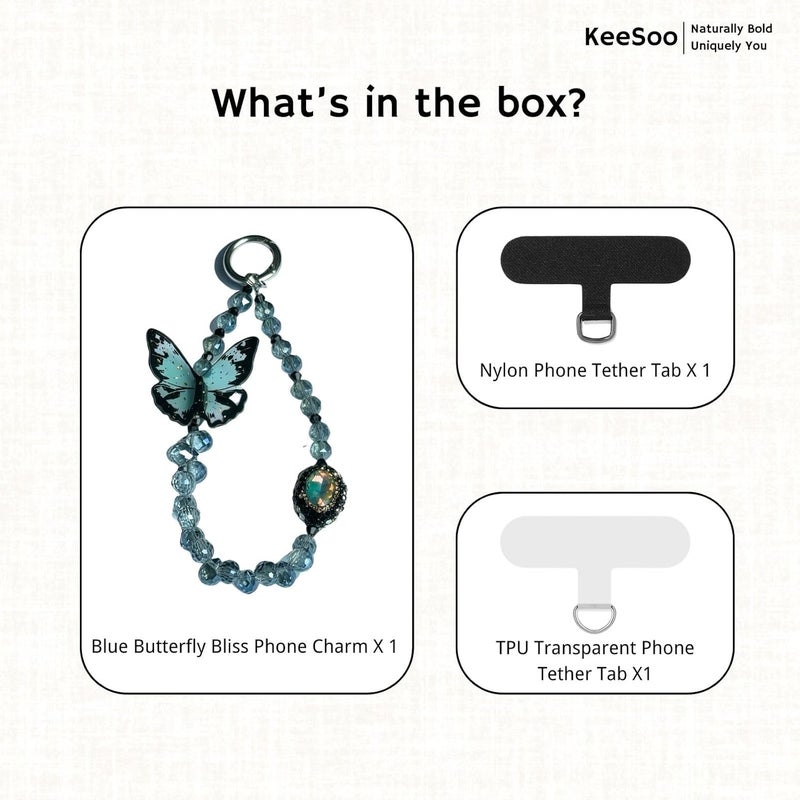 KEESOO Store سحر الفراشة الزرقاء تصميم أصلي لحلية الهاتف مع 2 علامة ربط - أنيقة، متينة، وسلسلة هاتف بدون استخدام اليدين - متوافقة مع آيفون، سامسونج، بيكسل والمزيد - Image 3